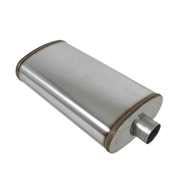 Universal Muffler - 9"X4" Oval, 16" Long, 2-1/2", O/C, Spigots, Mega Power, 409 Stainless, Polished