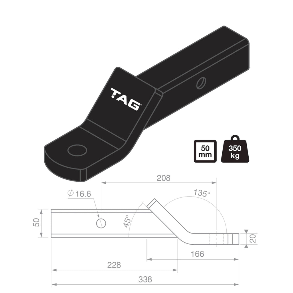 TAG | Heavy Duty Tow Ball Mount | 208mm Long 18mm Drop 50mm Square Hitch | L4045
