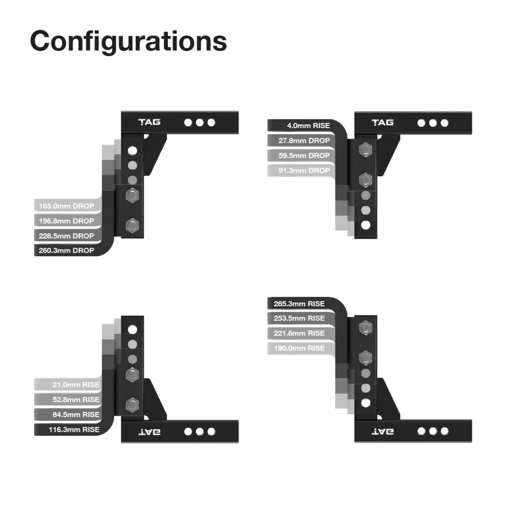 TAG | Adjustable Heavy Duty Tow Ball Mount 90° Face | Universal 50mm Square Hitch 260mm Drop | UNTTBM050