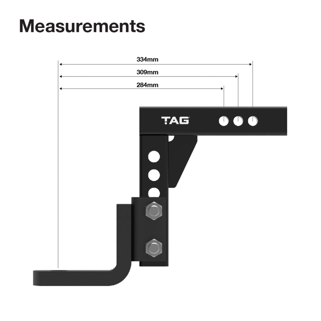 TAG | Adjustable Heavy Duty Tow Ball Mount 90° Face | Universal 50mm Square Hitch 260mm Drop | UNTTBM050