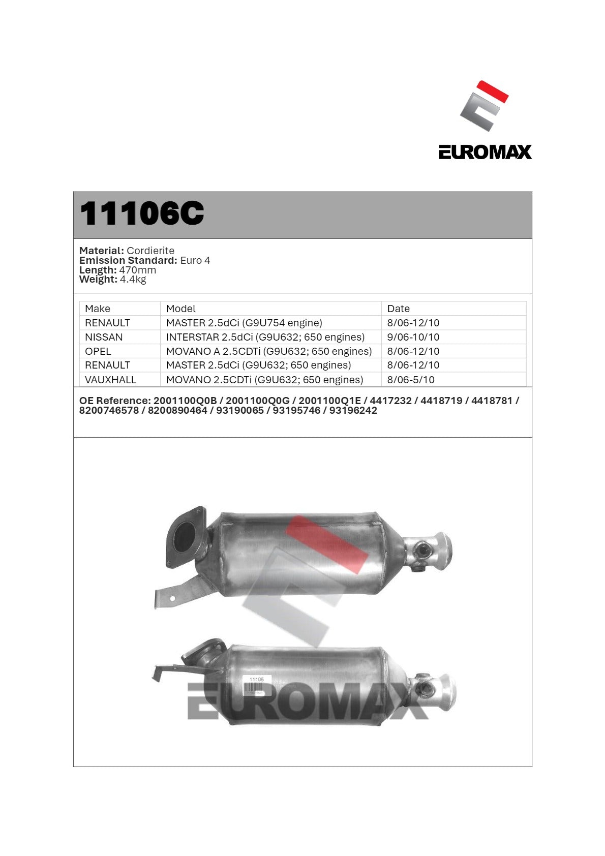Euromax Diesel Particulate Filter Renault Laguna 2.0L 2.2L M9R G9T Mk2 Hatch/Wagon 2005–2007 - 11106C