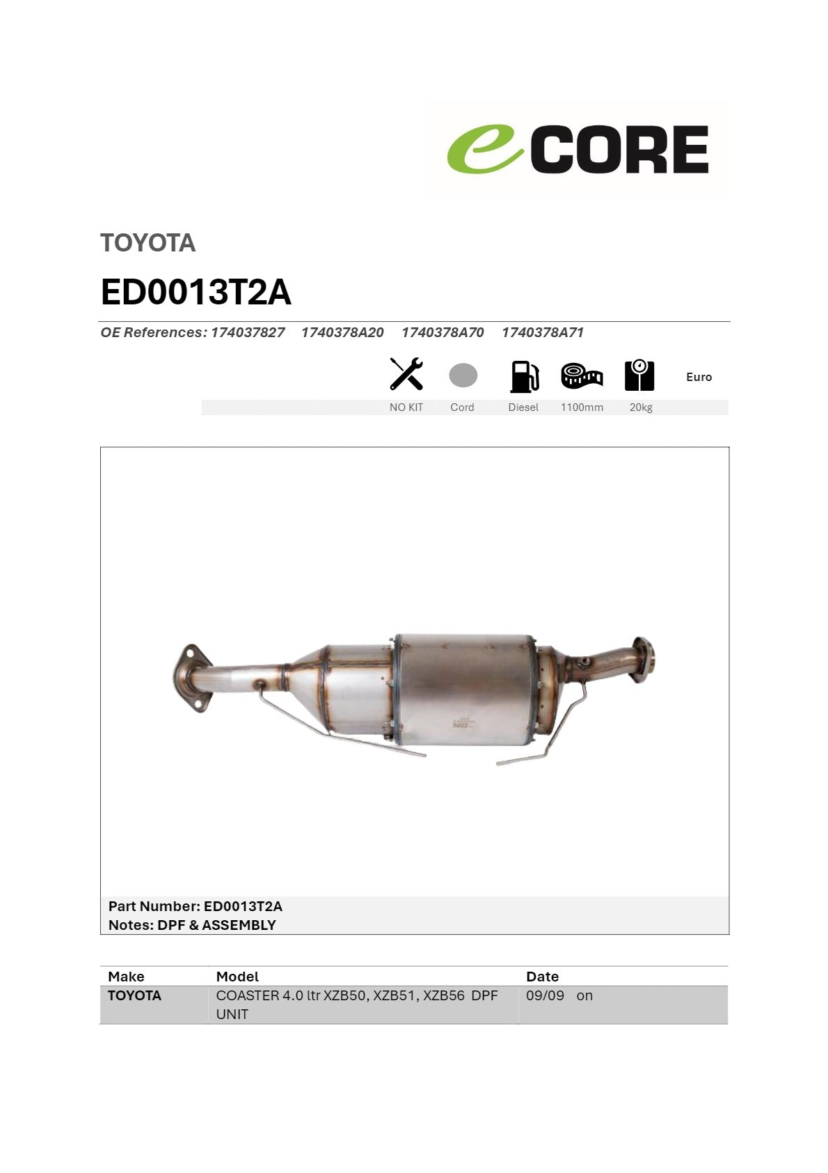 Ecore DPF & DOC Assembly Toyota Coaster 4.0L N04C Bus 2009–On - ED0013T2A