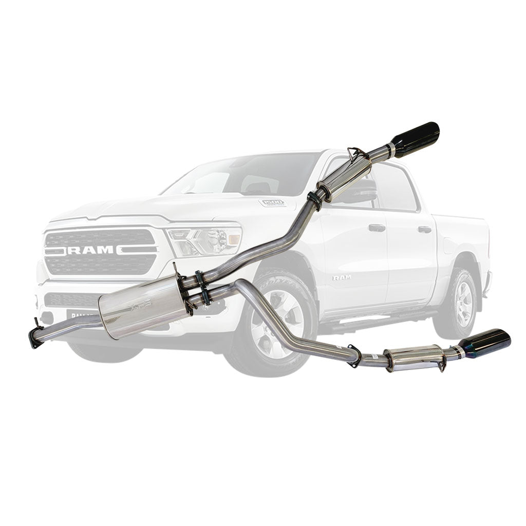 ESA | Stainless Steel Twin 3" Catback Exhaust 5" Black Chrome Tips | RAM 1500 DT Limited Laramie | ST605-615BCT-SS