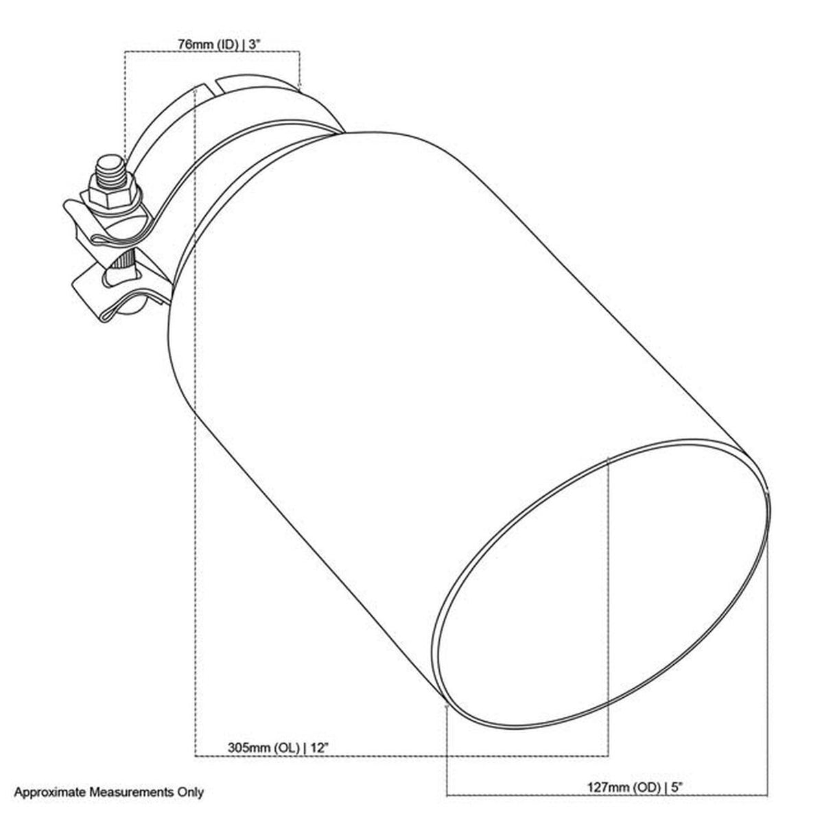 Exhaust Tip - 3" In - 5" Out - 12" Long (Angle Cut - Inner Cone - 304 Stainless)
