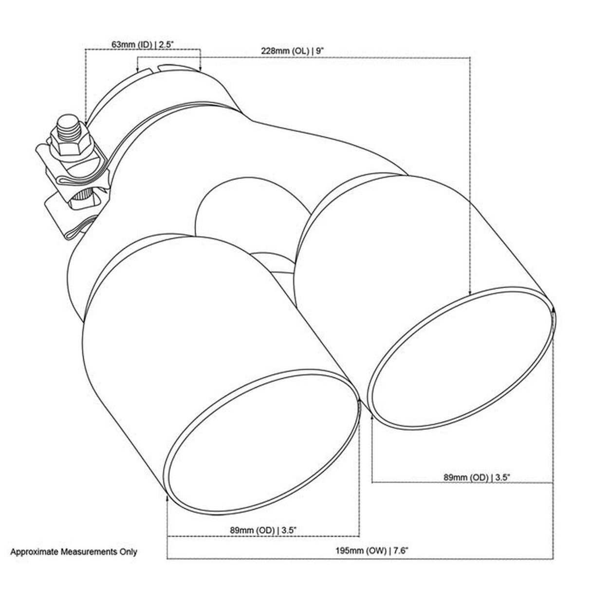 Exhaust Tip - 2.5 Inch In - Dual 3.5" Out - 9" Long RHS (Y-Piece - Inner Cone - Stainless Steel)