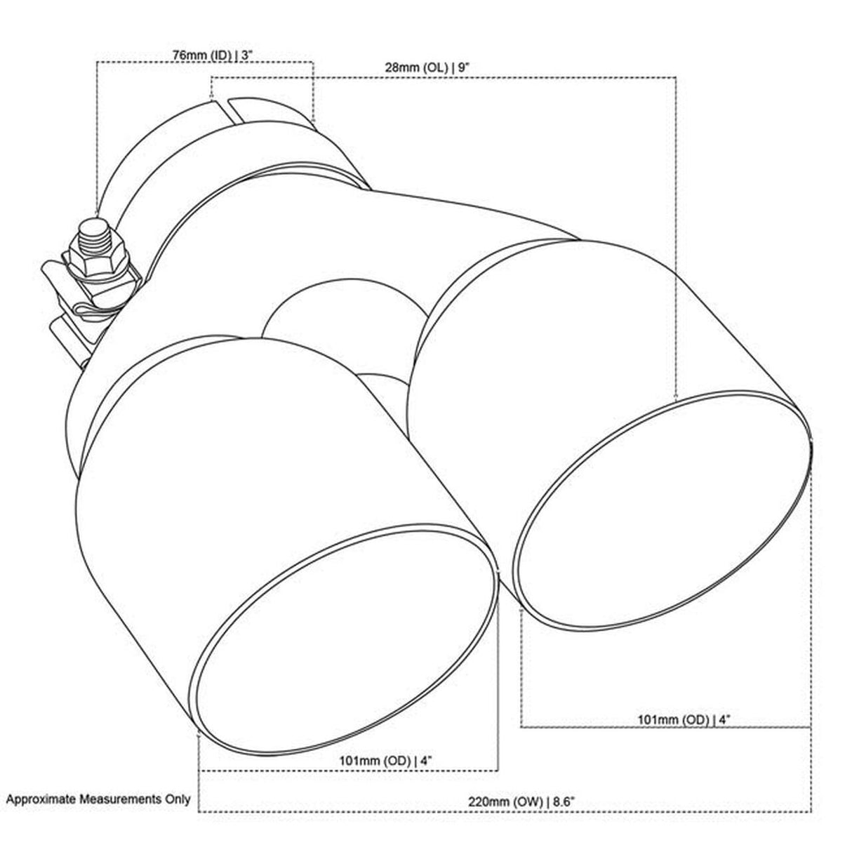 Exhaust Tip - 3 Inch In - Dual 4" Out - 9" Long RHS (Y-Piece - Inner Cone - Stainless Steel)