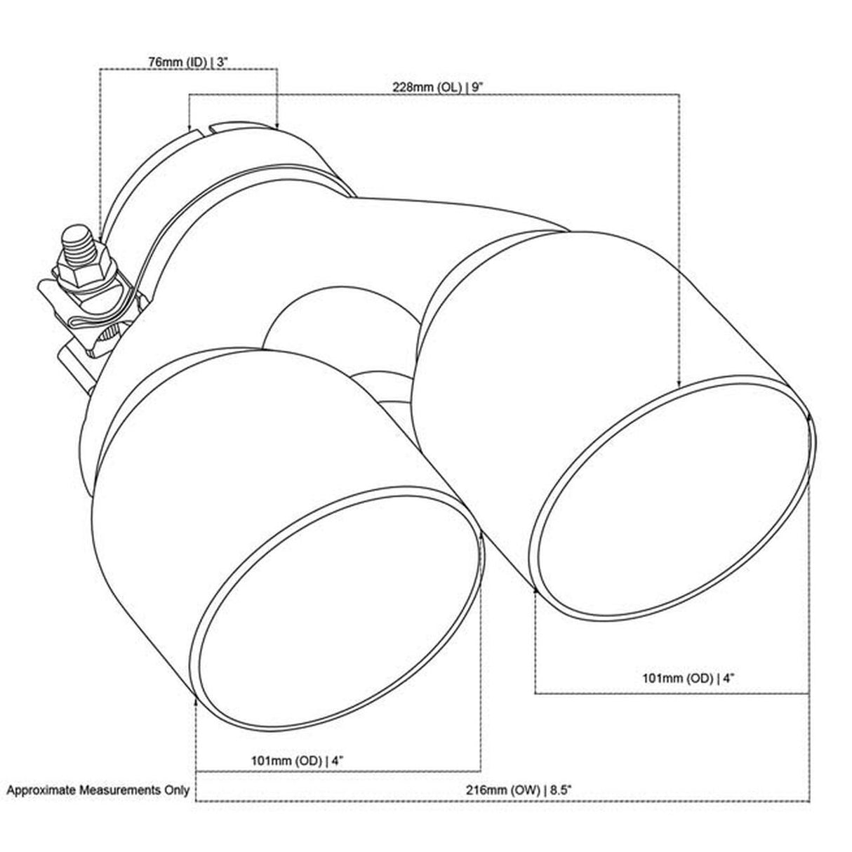 Exhaust Tip - 3 Inch In - Dual 4 Inch Out - 9" Long LHS (Y-Piece - Inner Cone - 304 Black Chrome)