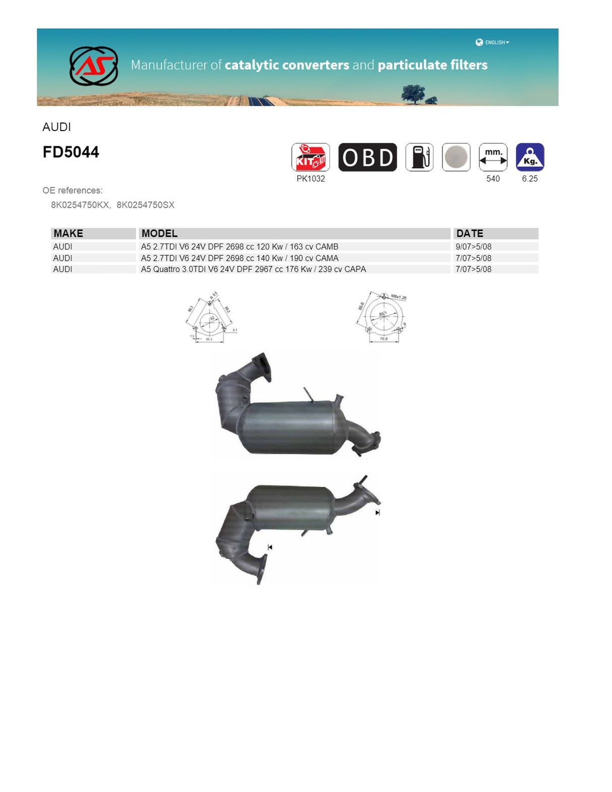 AS Catalysts - Audi A5 Diesel Particulate Filter