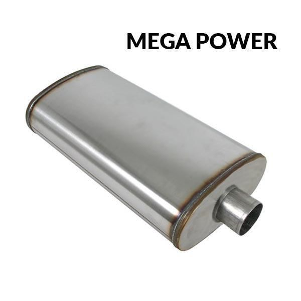 Universal Muffler - 9"X5" Oval, 14" Long, 3-1/2", C/C, Spigots, Mega Power, 409 Stainless, Unpolished
