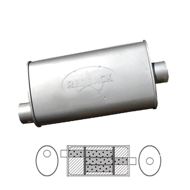 Redback - 2.5" Glass Packed Triflow Muffler O/O 14"x10"x4" Oval 409 Stainless Steel