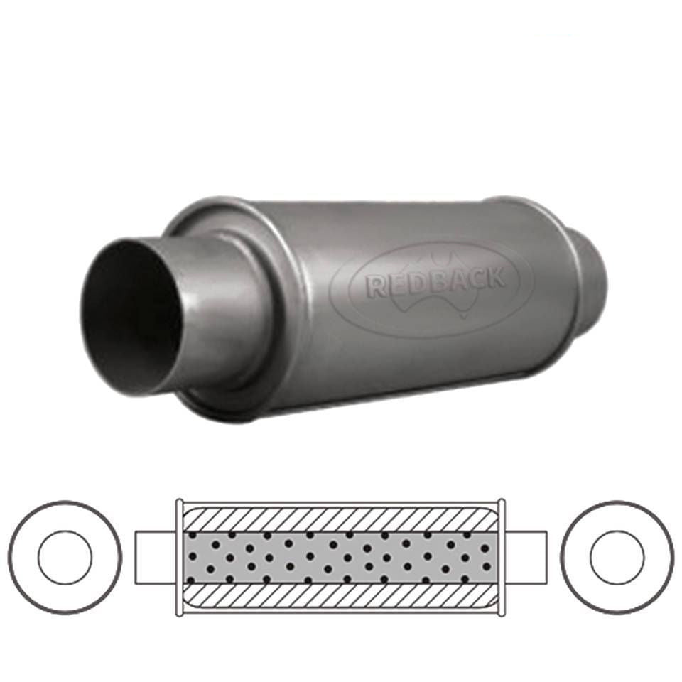 Redback Universal Muffler - 5" Round - 12" Long C/C 2 1/4" Glass Packed Chamber…