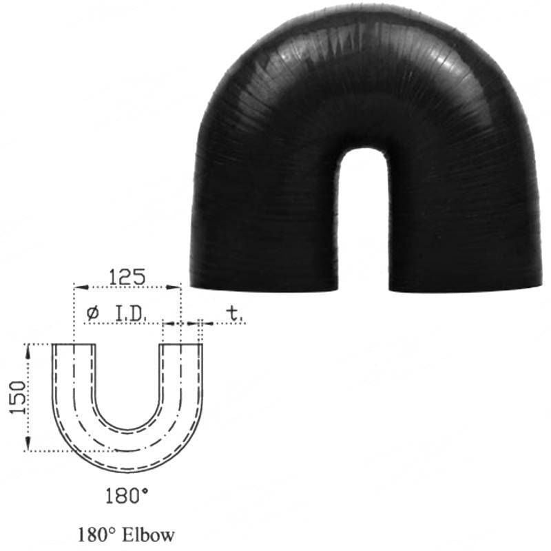 Silicone Hose - Inside Diameter 2-1/2" Inch (63mm), Black, 180 Bend