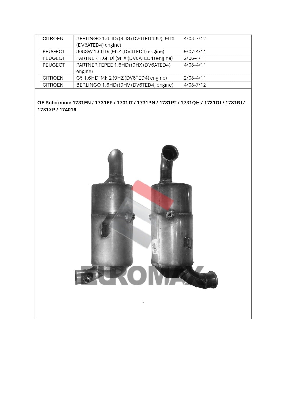Euromax - Mini Cord (with Cat) Diesel Particulate Filter