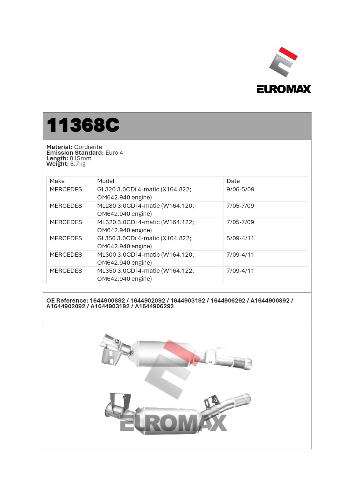 Euromax - MB GL300 ML 300 ML350 3.0L  DPF Diesel Particulate Filter
