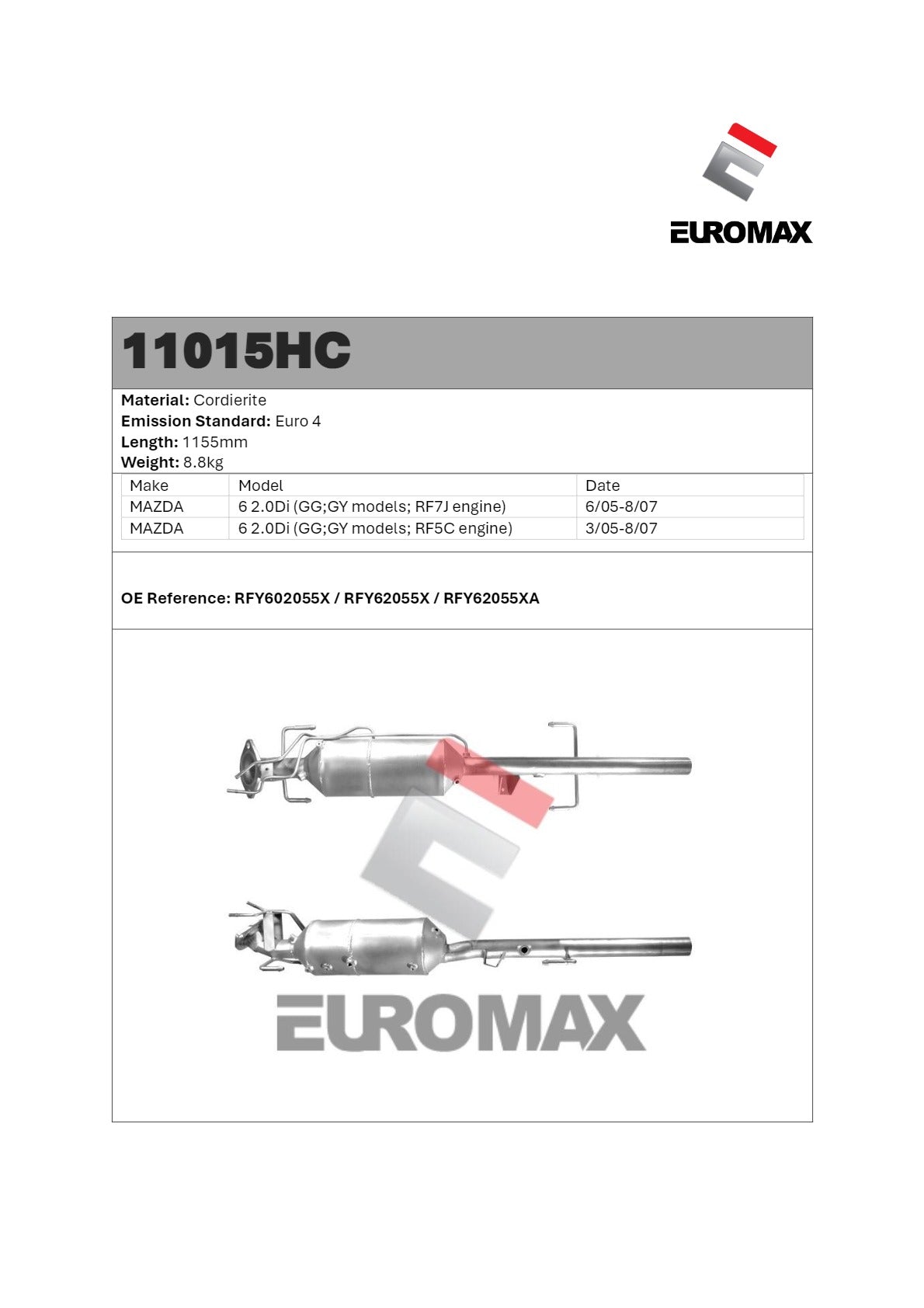 Euromax - Mazda 6 20 L GG-GY '05-'08 DW12T DPF Diesel Particulate Filter