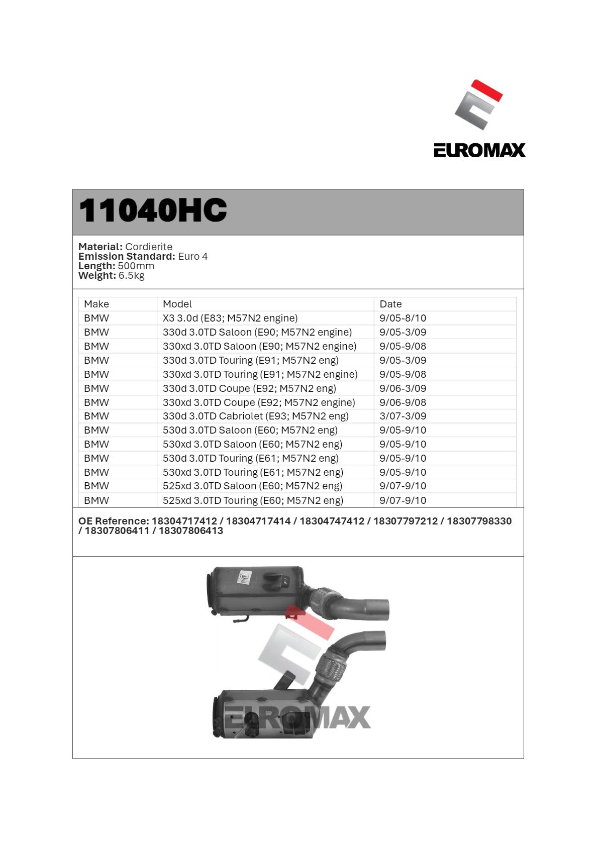 Euromax - BMW E90,92,93 330D & E60 530D DPF Diesel Particulate Filter