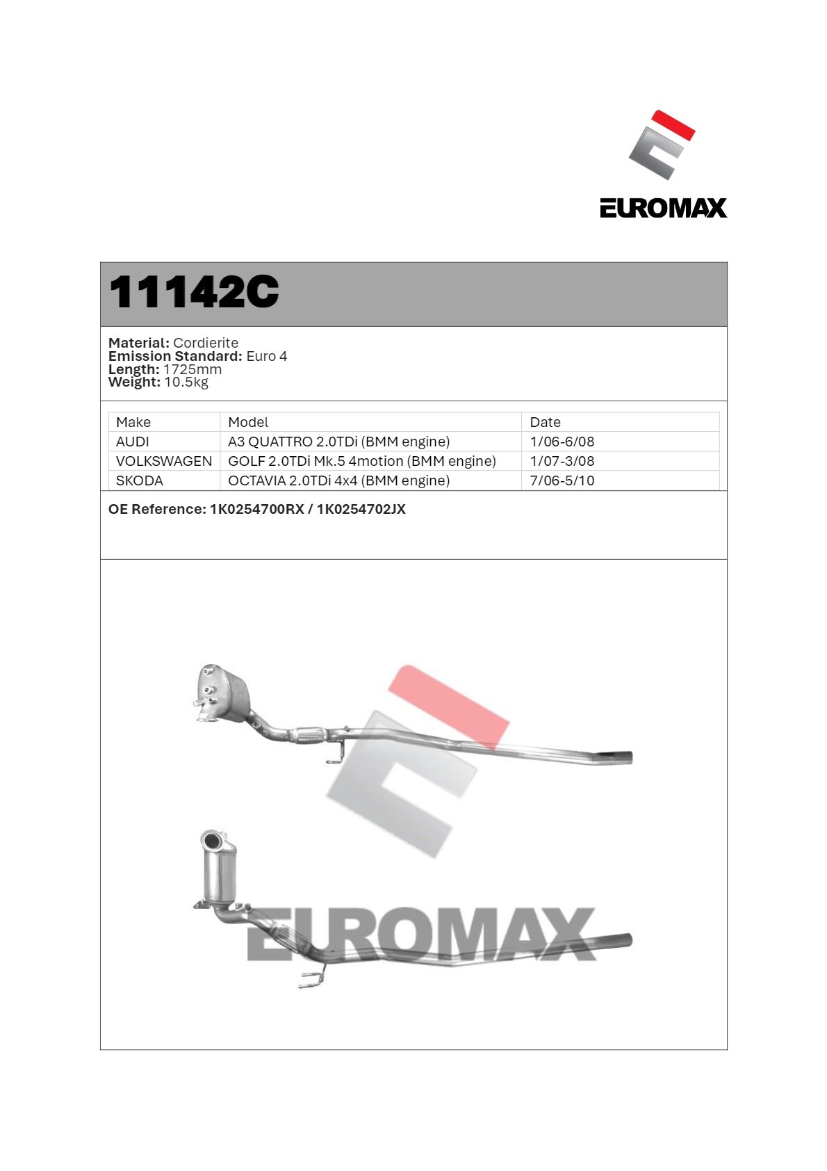 Euromax Diesel Particulate Filter Skoda Octavia 2.0L BMM Scout 4WD Wagon 2006–2013 - 11142C
