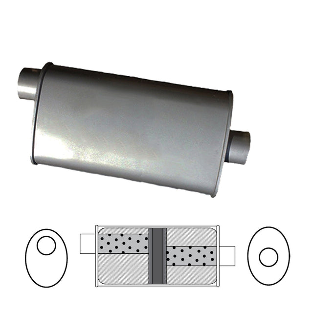 Redback - 8" x 4" Oval, 18" Long, 2 1/2" Offset/Centre Glass Packed Chambered Universal Muffler