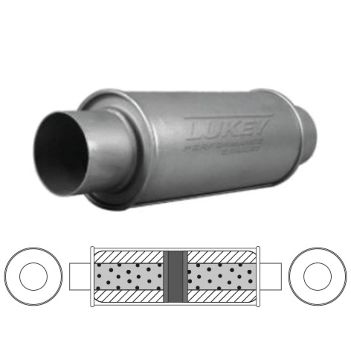 Lukey - 2 1/2" ID - Round Muffler - 12" Long x 5" Round Glass Packed, Chambered - Aluminised
