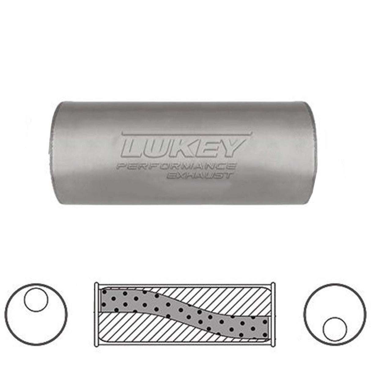 Lukey - 2 1/2" ID - Round Muffler - 16" Long x 6" Round - Offset / Offset - Megaflow Glass Packed - Aluminised