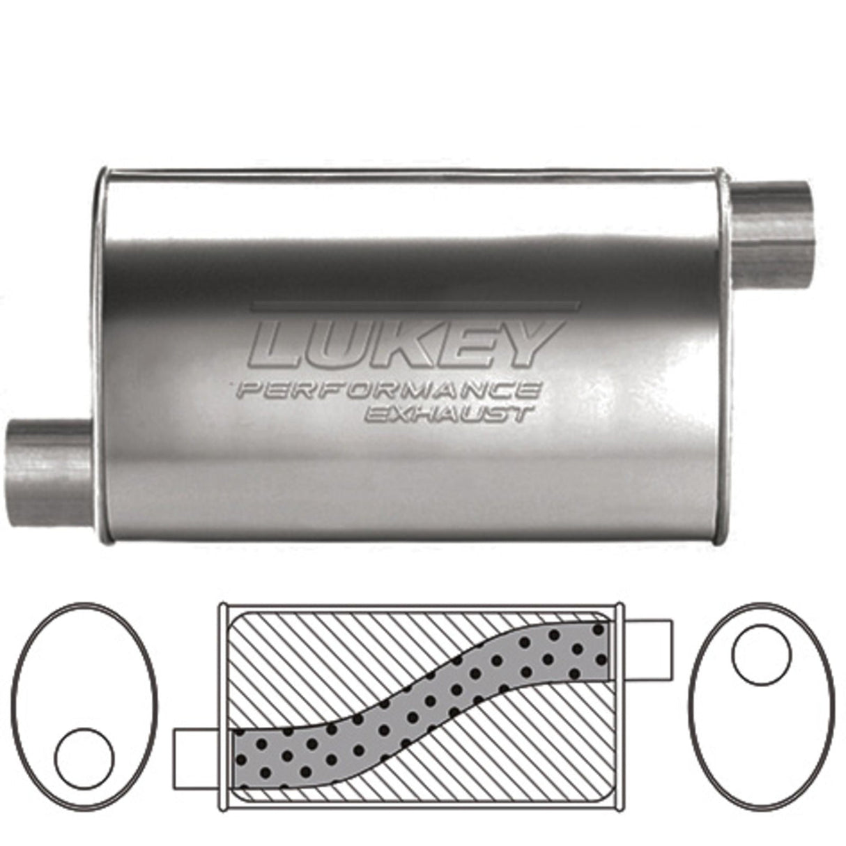 Lukey - 2 1/2" ID - Oval Muffler 14" Long x 10" Wide x 4" High - Offset / Offset  - Megaflow Glass Packed - Aluminised