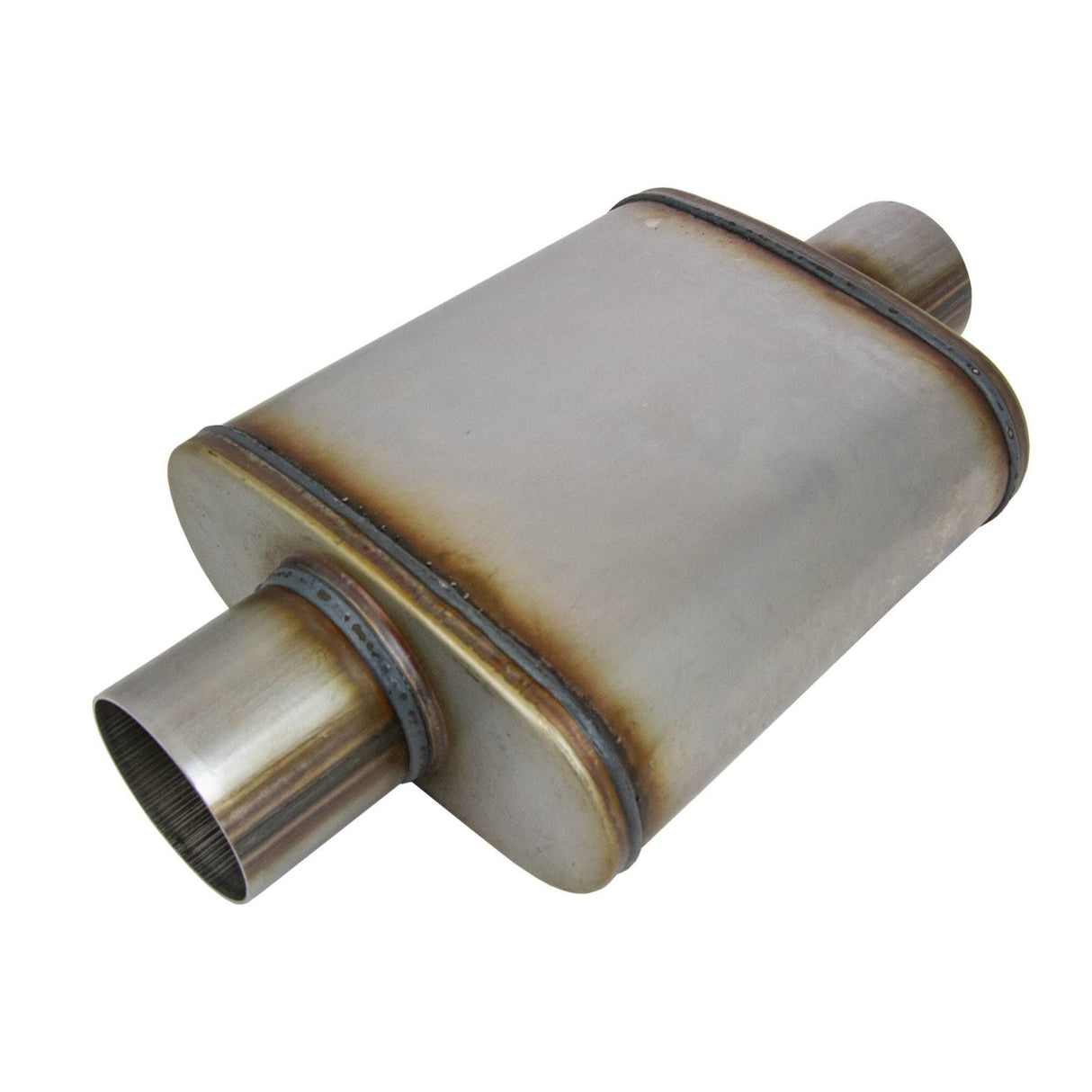 Universal Muffler - 9"X4" Oval, 14" Long, 2-1/2", C/C, Spigots, Mega Power, 409 Stainless, Unpolished