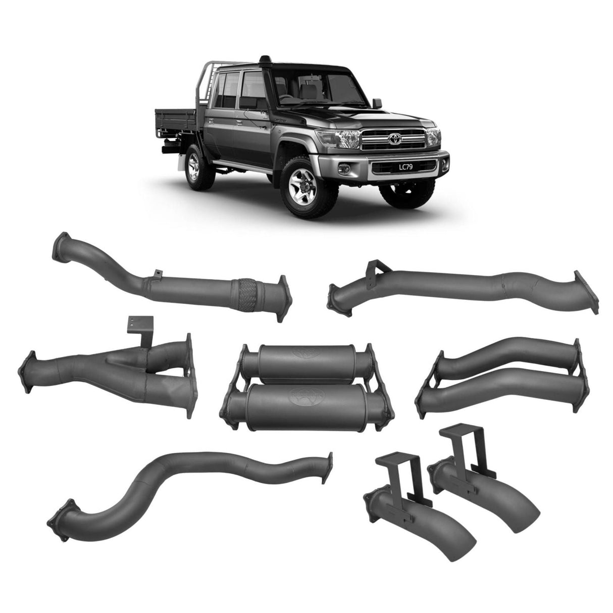 Redback Extreme Duty – Toyota Landcruiser 79 Series (2007 - on) Dual Cab Twin 4" Turbo Back Exhaust with Resonator
