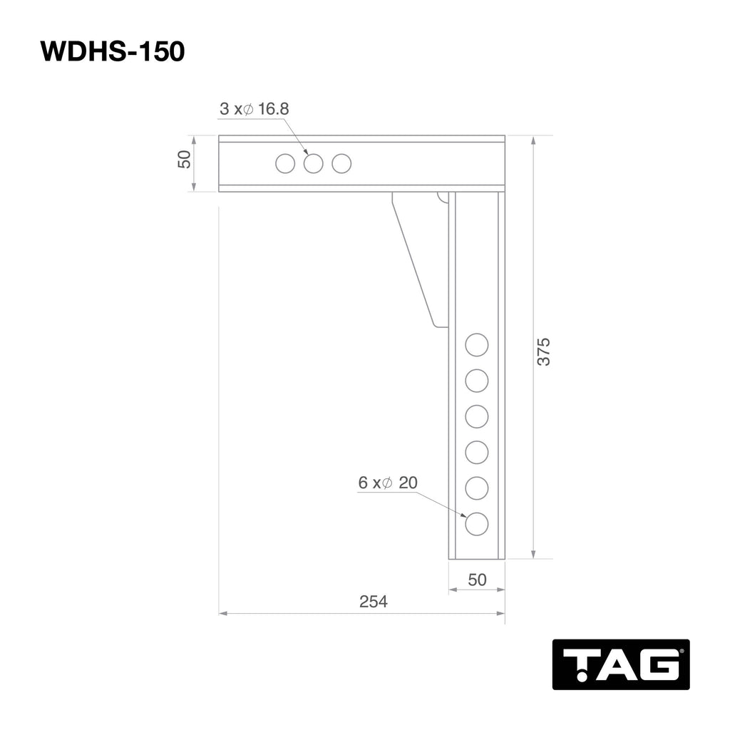 TAG - Adjustable Heavy Duty Tow Ball Mount 90° Face, 50mm Square Hitch - 360mm Drop, 385mm Rise