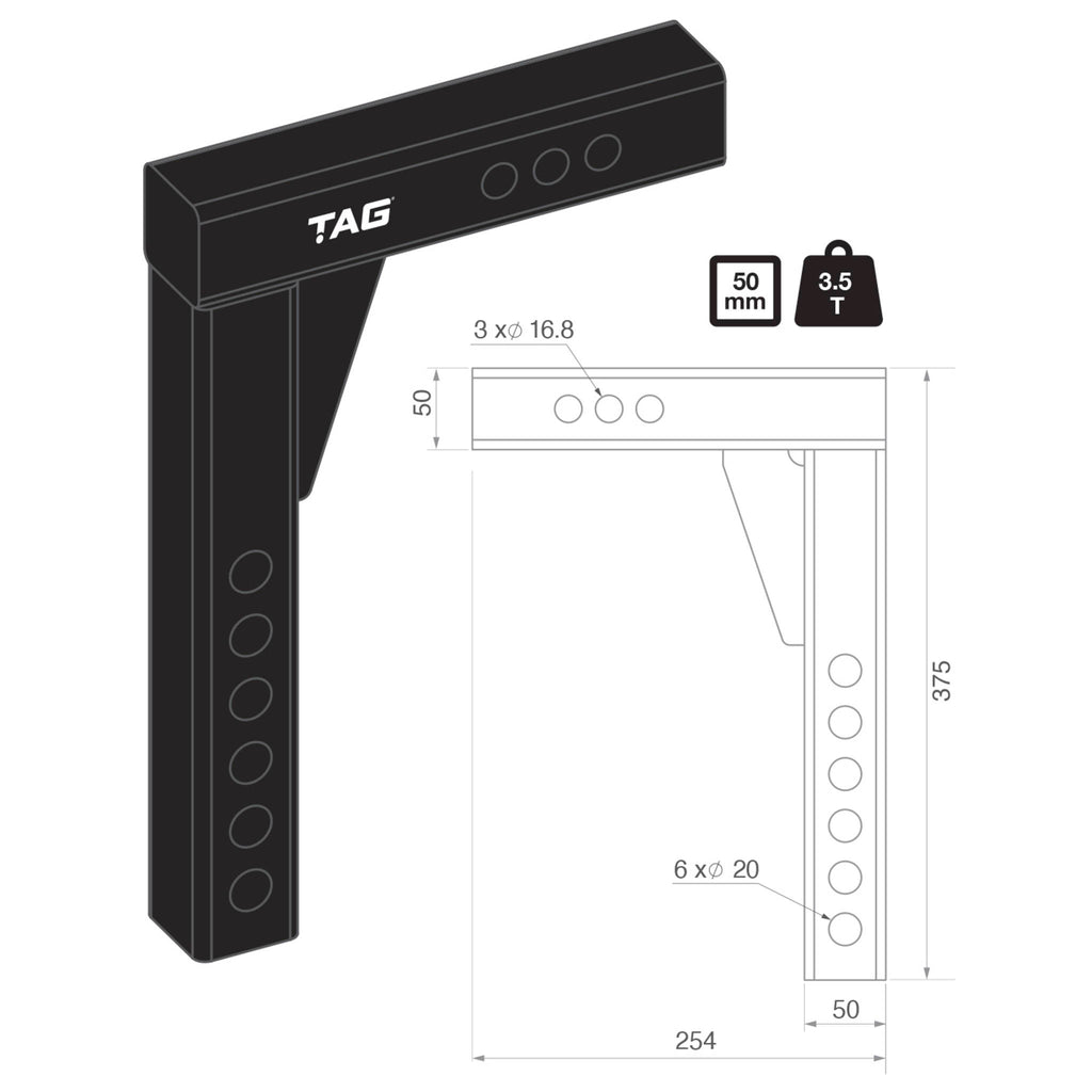 TAG - Adjustable Heavy Duty Tow Ball Mount 90° Face, 50mm Square Hitch - 360mm Drop, 385mm Rise