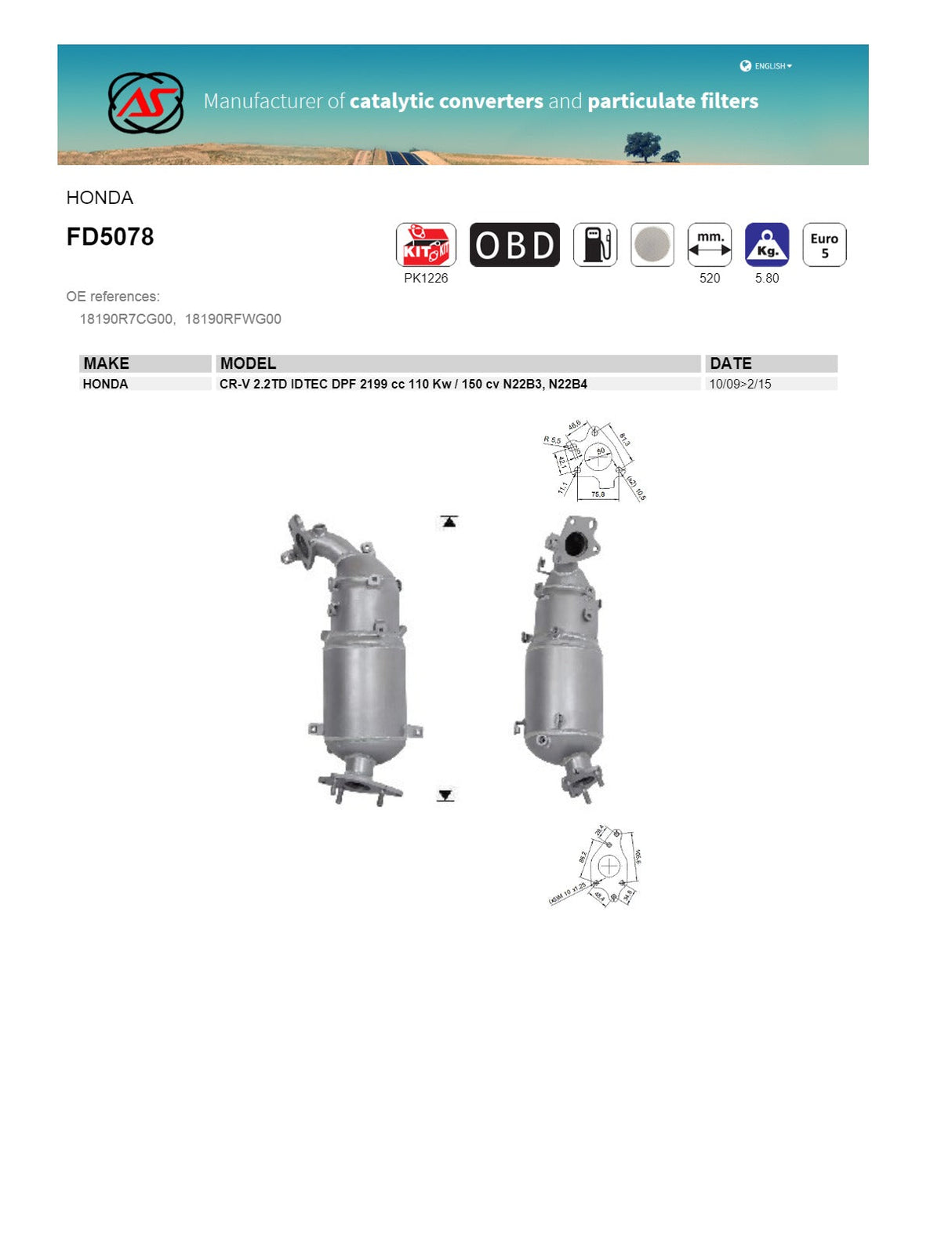 AS Catalysts Diesel Particulate Filter Honda CR-V RM 2.2L i-DTEC SUV 2013–2015 - FD5078