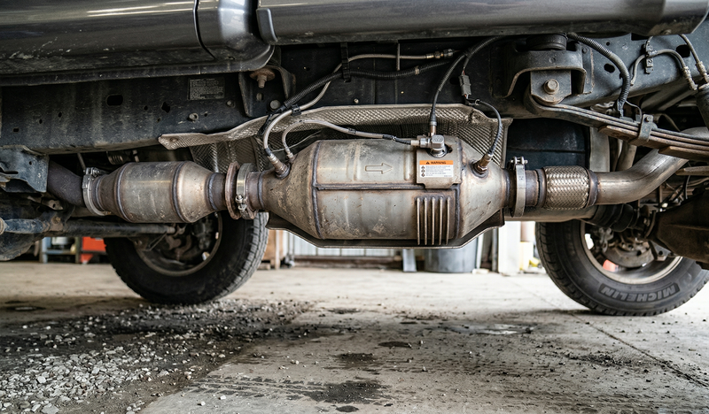 Close-up of a vehicle's exhaust system on a concrete surface.
