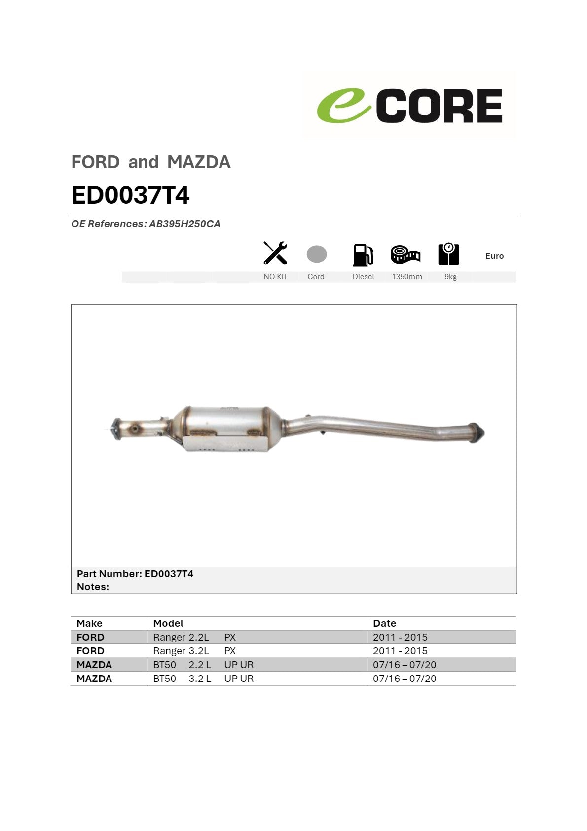 DPF for Ford Ranger 2.2L / 3.2L PX (2011–2015) & Mazda BT-50 2.2L / 3.2L UP/UR (2016–2020) – Ecore Diesel Particulate Filter (No Kit)