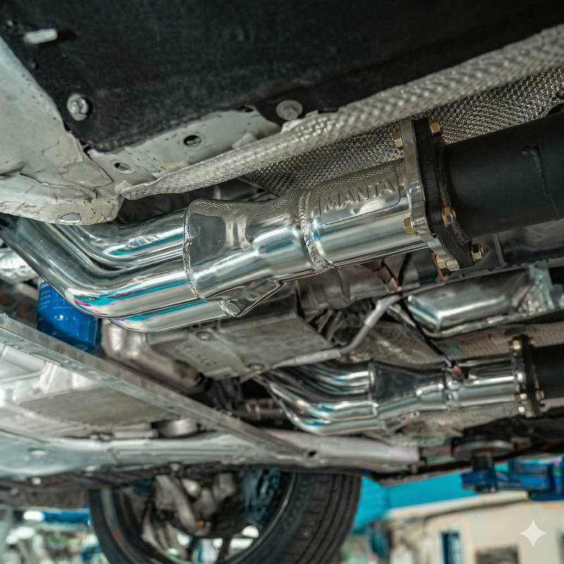 Close-up of a car's exhaust system with visible brand name.
