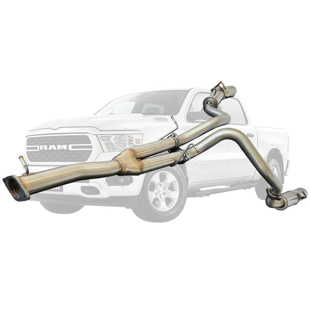 ESA | Stainless Twin 3" Catback Exhaust Pipe Only 5" Polished Chrome Tips | RAM 1500 DT Limited Laramie | ST605PO-615CT-SS