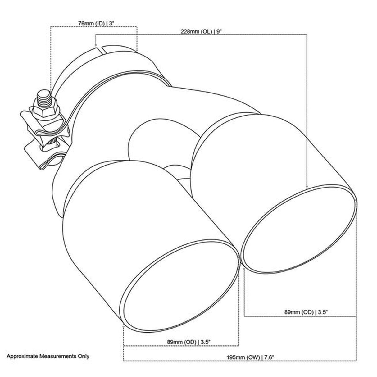 Exhaust Tip - 3 Inch In - Dual 3.5 Inch Out - 9" Long RHS (Y-Piece - Inner Cone - 304 Black Chrome)