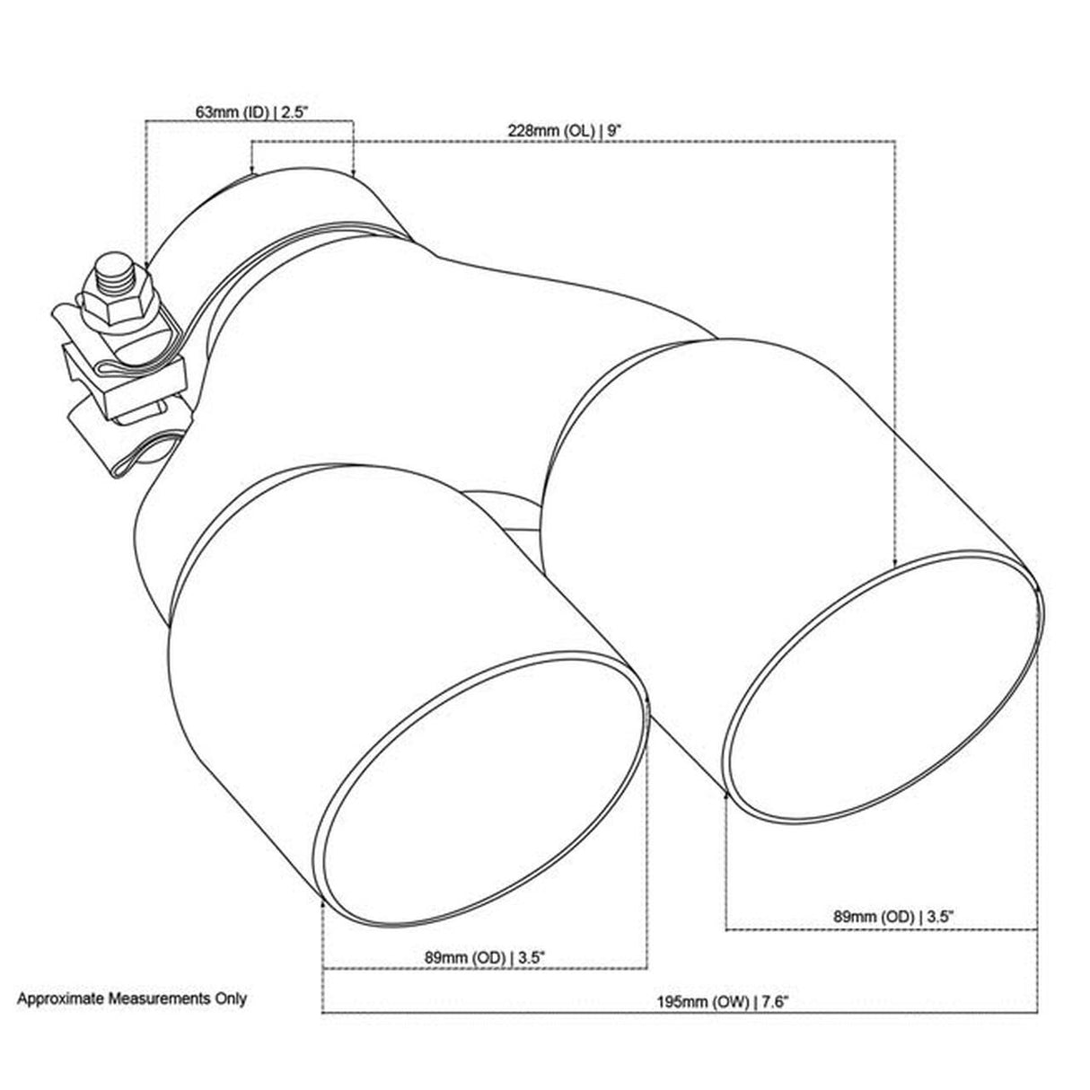 Exhaust Tip - 2.25 Inch In - Dual 3.5 Inch Out - 9" Long LHS ( Y-Piece - Inner Cone - 304 Black Chrome)