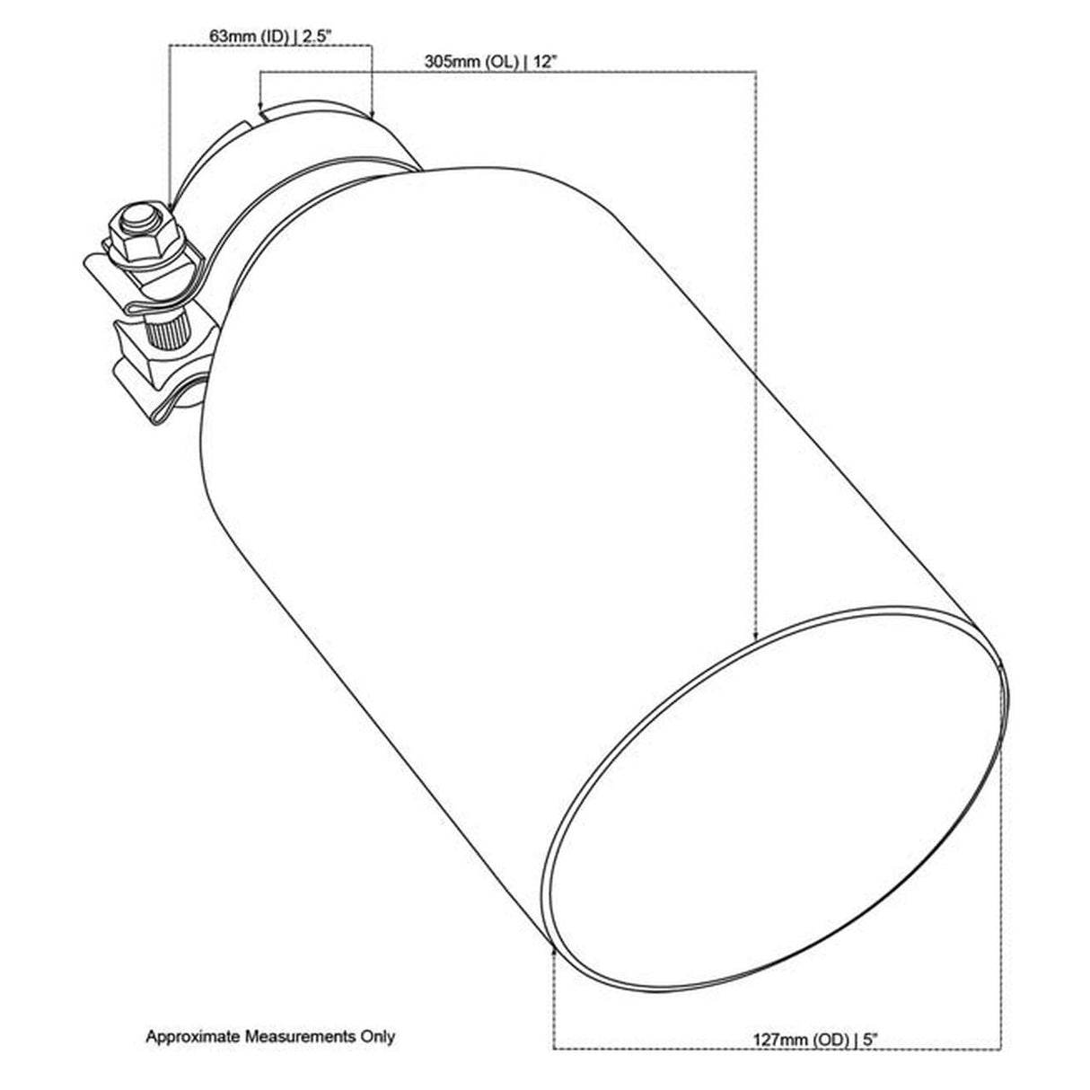 Exhaust Tip - 2 1/2" In 5" Out 12" Long SS304 (Clamped Tip- Angle Cut)