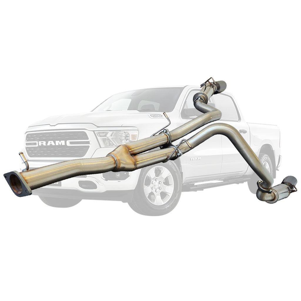 ESA | Stainless Twin 3" Catback Exhaust Pipe Only 5" Black Chrome Tips | RAM 1500 DT Limited Laramie | ST605PO-615BCT-SS