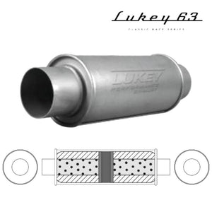 Lukey - 2 1/2" ID - Round Muffler - 12" Long x 5" Round Glass Packed, Chambered - Aluminised