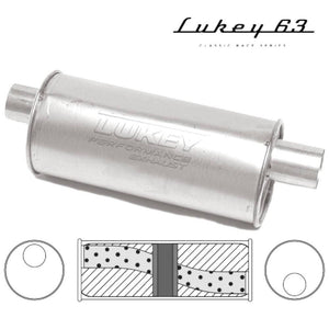Lukey - 2 1/2" ID - Round Muffler - 16" Long x 6" Round - Offset / Offset - Glass Packed, Chambered